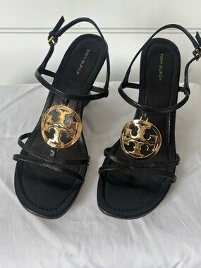 Tory Burch Black Leather Strappy Sandals with Gold Logo Medallion